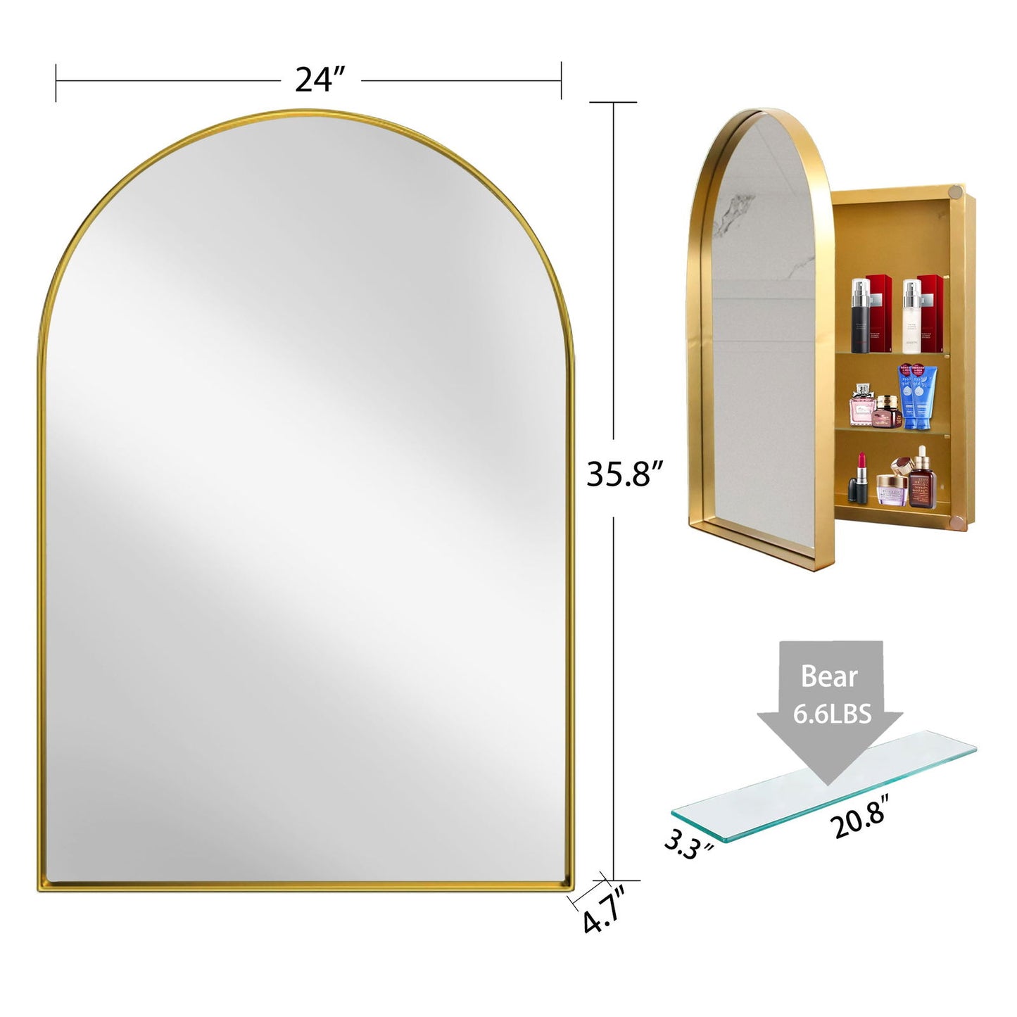 24x36 Inch Arched Recessed Medicine Cabinet, Metal Framed Bathroom Wall Cabinet with Mirror and Adjustable Shelves, Wall Mirror with Storage for Bathroom, Matte Gold himalipasal