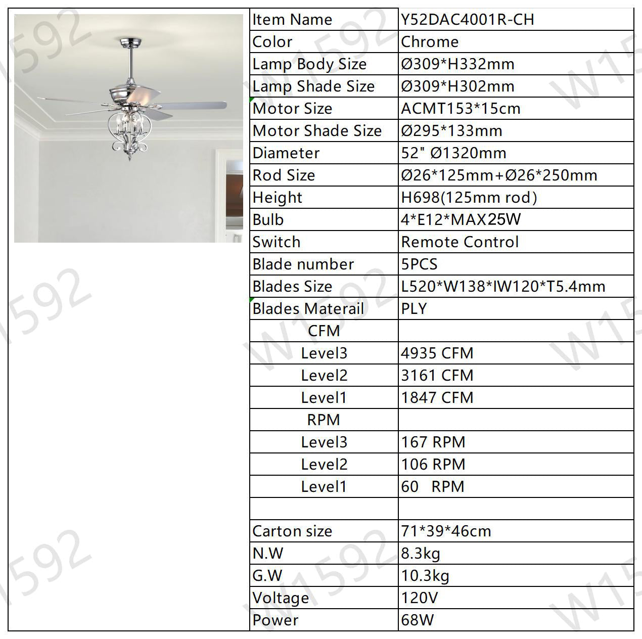 52 inch 4 Lights Ceiling Fan with 5 Wood Blades, Two-color fan blade, AC Motor, Remote Control, Reversible Airflow, 3-Speed, Adjustable Height, Traditional Ceiling Fan for home decorate (Silver) himalipasal