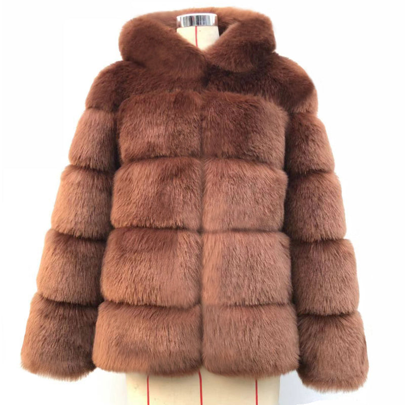 Autumn Winter Fox Fur Fur Artificial Fur Stitching Hooded Women Mid Length Fur Coat Plus Size