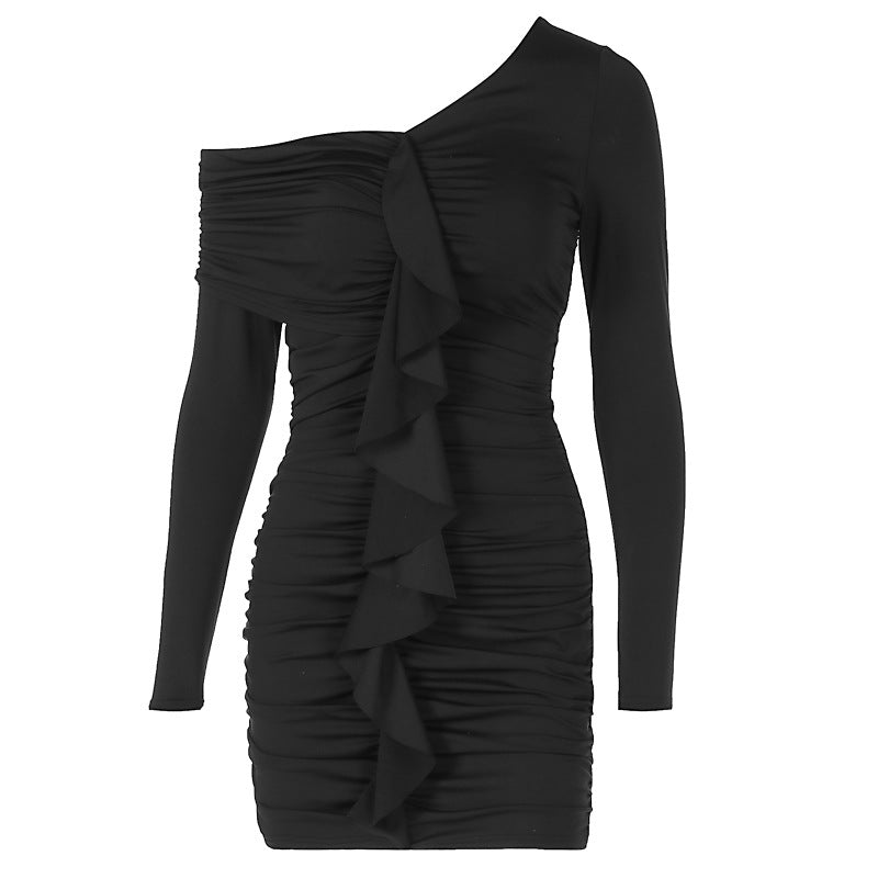 Arrival Solid Color Pleated Diagonal Collar Slim Sheath Elegant Short Dress himalipasal