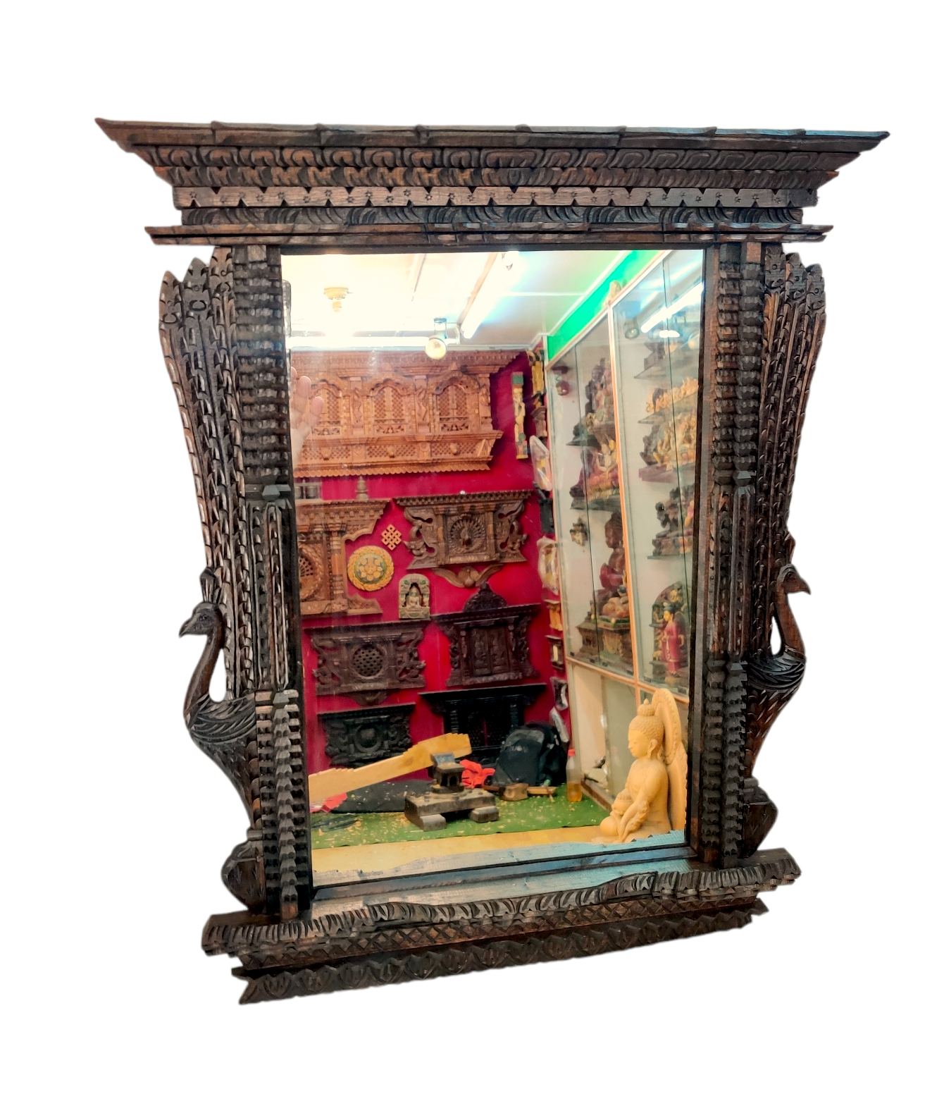 Big Wooden Hand Carving Peacock Carved Frame with Mirror himalipasal