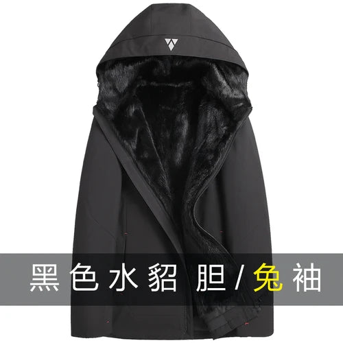 Parka Men's Real Fur Marten Overcoats Mink Liner Nick Garment Short Fur Coat Whole Mink Wool mens mink coat