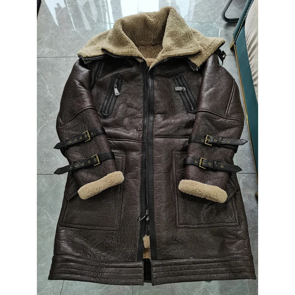 LUHAYESA Men Long Thick 100% Real Sheepskin Fur Coat Genuine Full Pelt Sheep Shearling Male Winter Jacket Black Men Fur Outwear