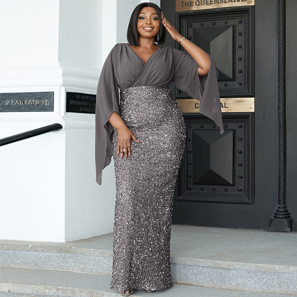 plus Size Sexy Long Sequined V neck Long Sleeve Cocktail Evening Dress Bridesmaid Dress Dress Women plus Size Sexy Long Sequined V neck Long Sleeve Cocktail Evening Dress Bridesmaid Dress Dress Women