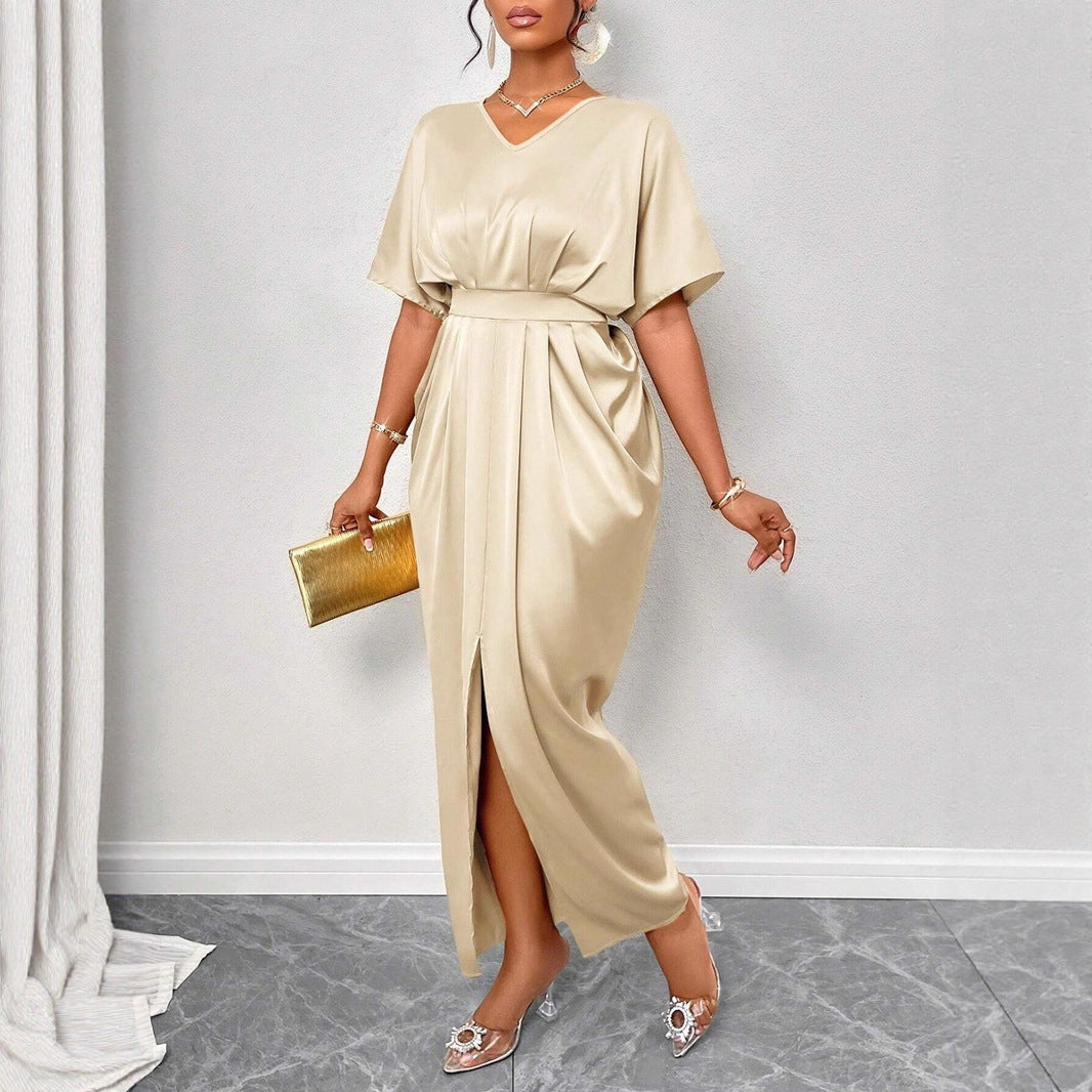 Women Clothing Early Autumn Satin Dress Ball Gown Satin Waist Tight Maxi  Dress