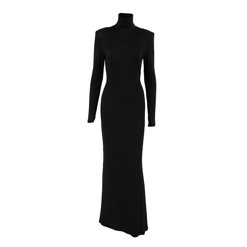 Spring Elegant Black Sexy Backless Knitted Slim Fit Long Sleeved Turtleneck Dress for Women