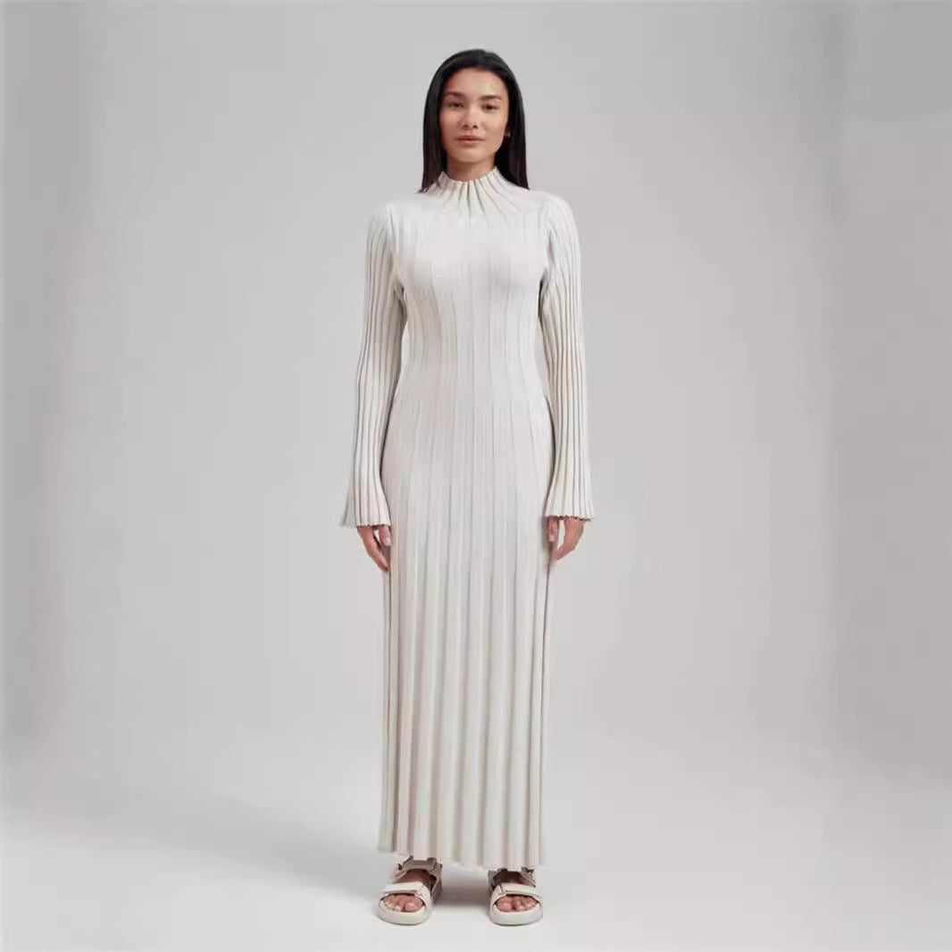 Autumn Winter Knitted Dress Casual Waist Tight round Neck Large Pit High  Collar Slimming Knitted Maxi Dress for Women