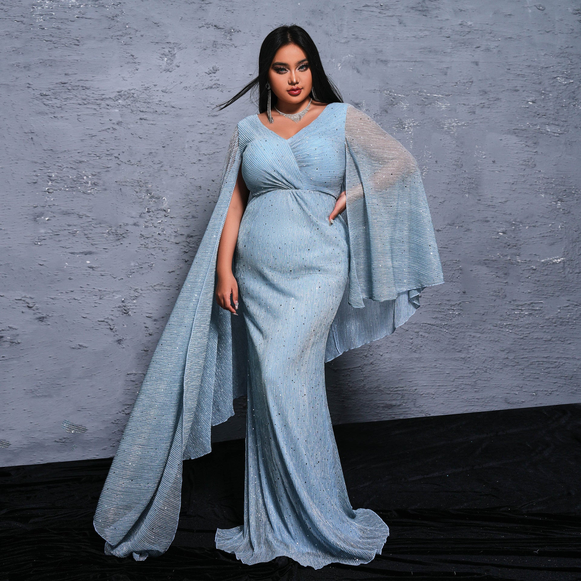 Plus Size Women Long Long Sleeve V neck Cocktail Sexy Sequined Evening Dress Plus Size Women Long Long Sleeve V neck Cocktail Sexy Sequined Evening Dress