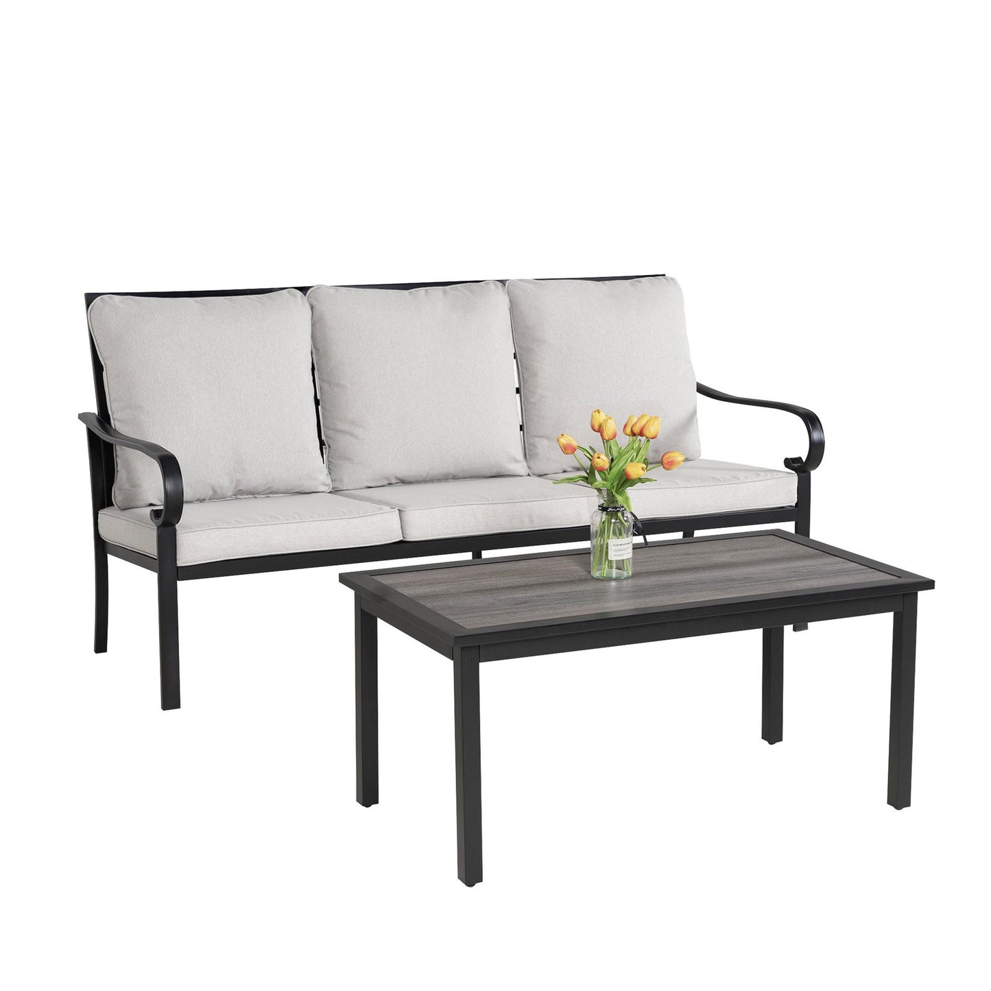 Patio 3-Seater Sofa with Table, Outdoor Conversation Furniture with Gray Cushions for Porch Balcony Deck himalipasal