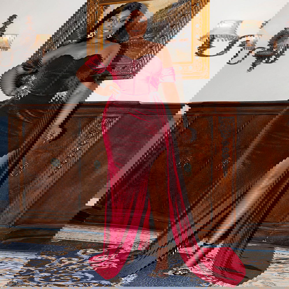 Plump Girls Plus Size Women Clothing Long Wedding off- eck Slimming Party Cocktail Light Luxury Evening Dress himalipasal