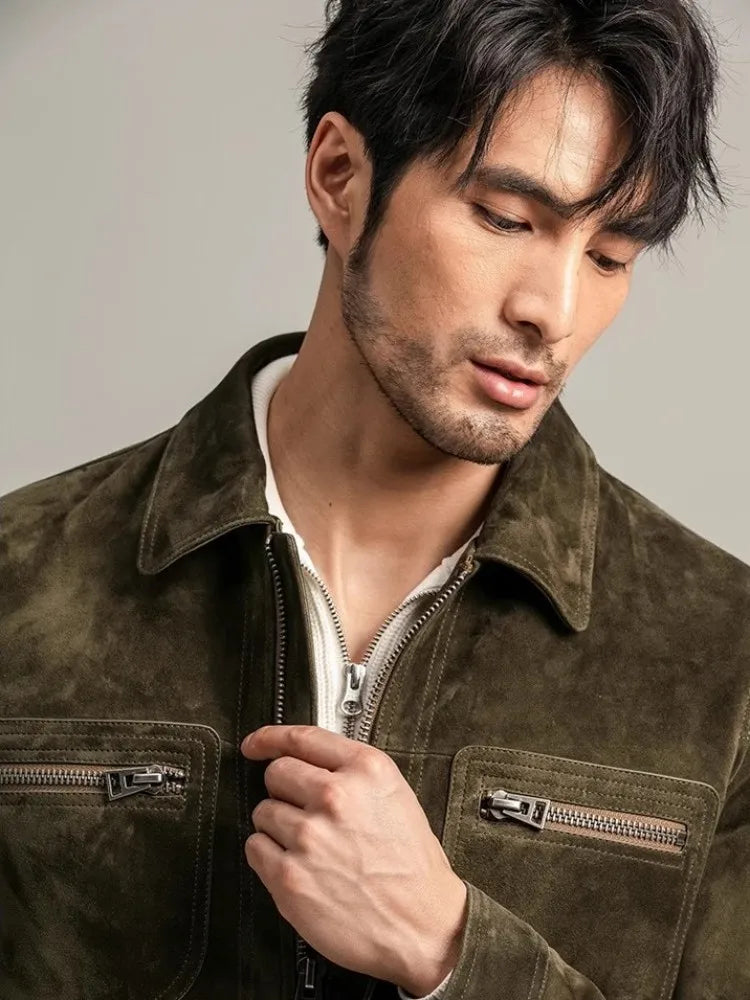 Design Mens Vintage Genuine Leather Jacket Zipper Lapel Slim Fit Suede Sheepskin Cargo Short Coat Autumn Men Casual Outerwear