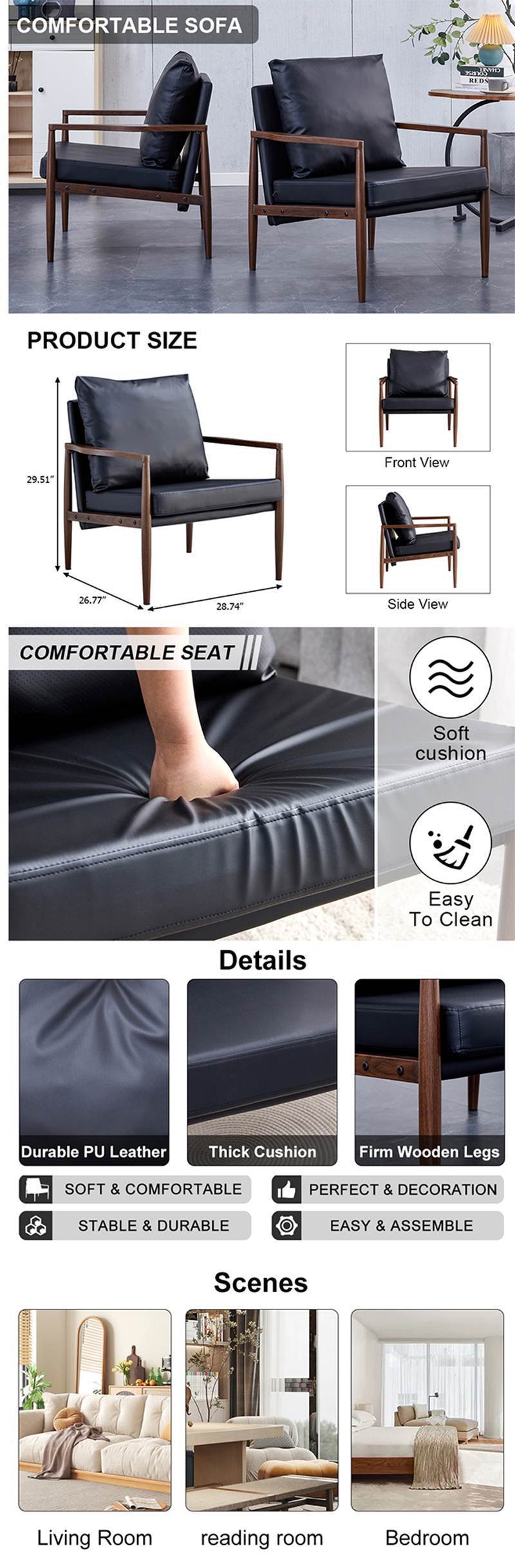 Sofa Chair.Black PU Leather Accent Arm Chair Mid Century Modern Upholstered Armchair with Imitation solid wood color Metal Frame Padded Backrest and Seat Cushion Sofa Chairs for Living Room himalipasal