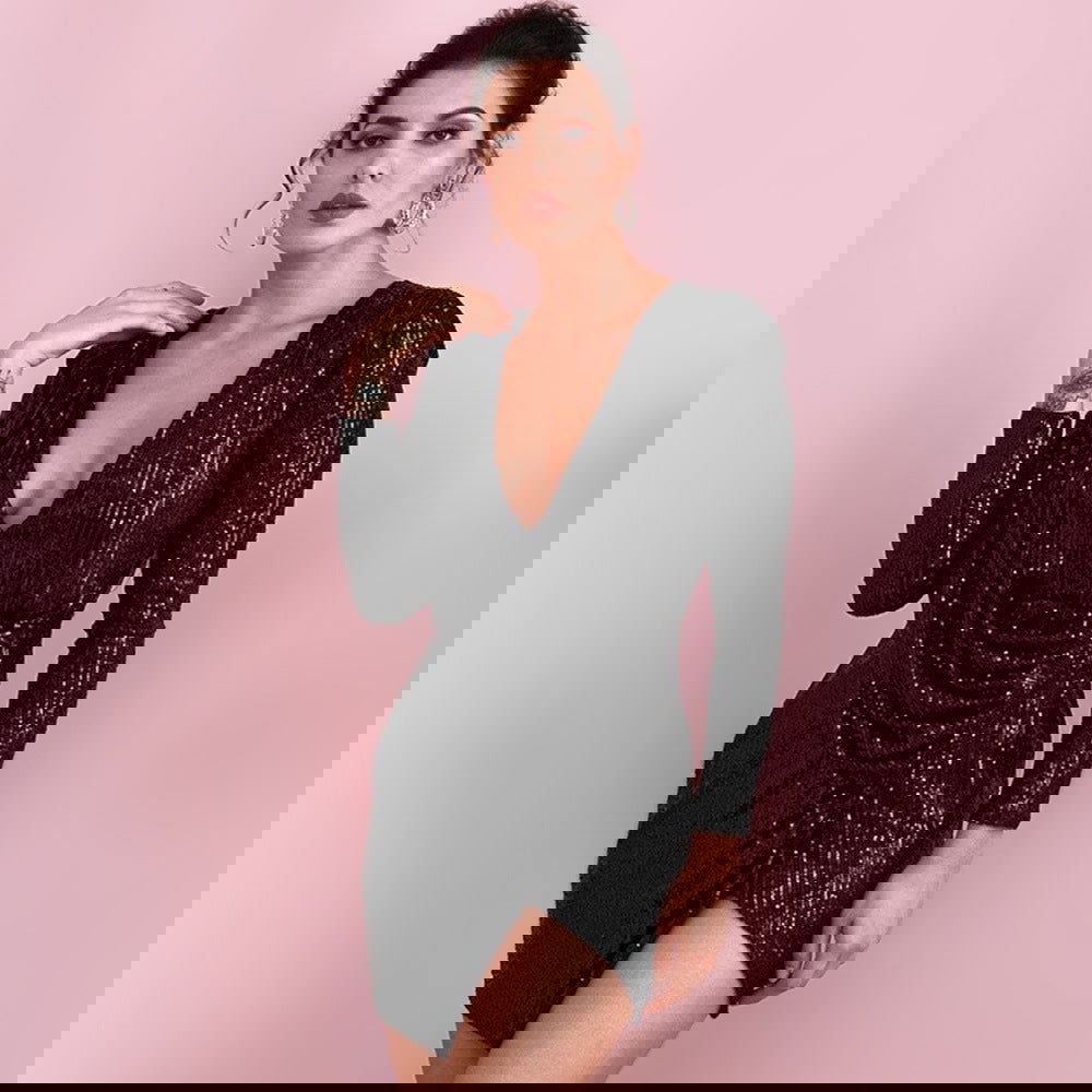 Spring Women Clothing Dress V neck Long Sleeve Irregular Asymmetric Fashionable Sequ himalipasal