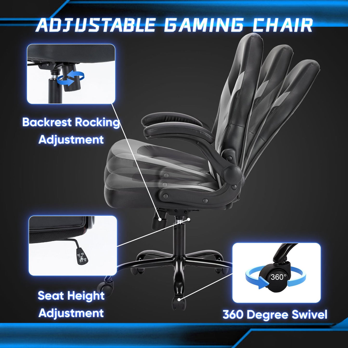 Sweetcrispy Gaming Chair - PU Leather Computer Chair Ergonomic Office Chair with Lumbar Support, Height Adjustable Rolling Desk Chairs with Flip-up Armrests himalipasal