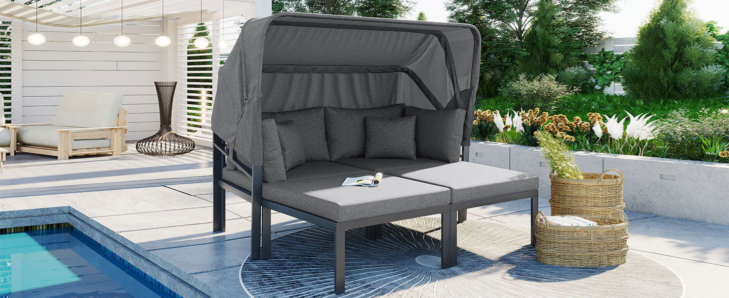 TOPMAX 3-Piece Patio Daybed with Retractable Canopy Outdoor Metal Sectional Sofa Set Sun Lounger with Cushions for Backyard, Porch, Poolside,Grey himalipasal