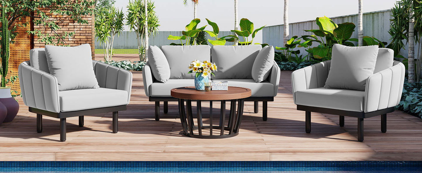 TOPMAX Luxury Modern 4-Piece Outdoor Iron Frame Conversation Set, Patio Chat Set with Acacia Wood Round Coffee Table for Backyard, Deck, Poolside, Indoor Use, Loveseat+Arm Chairs, Gray himalipasal