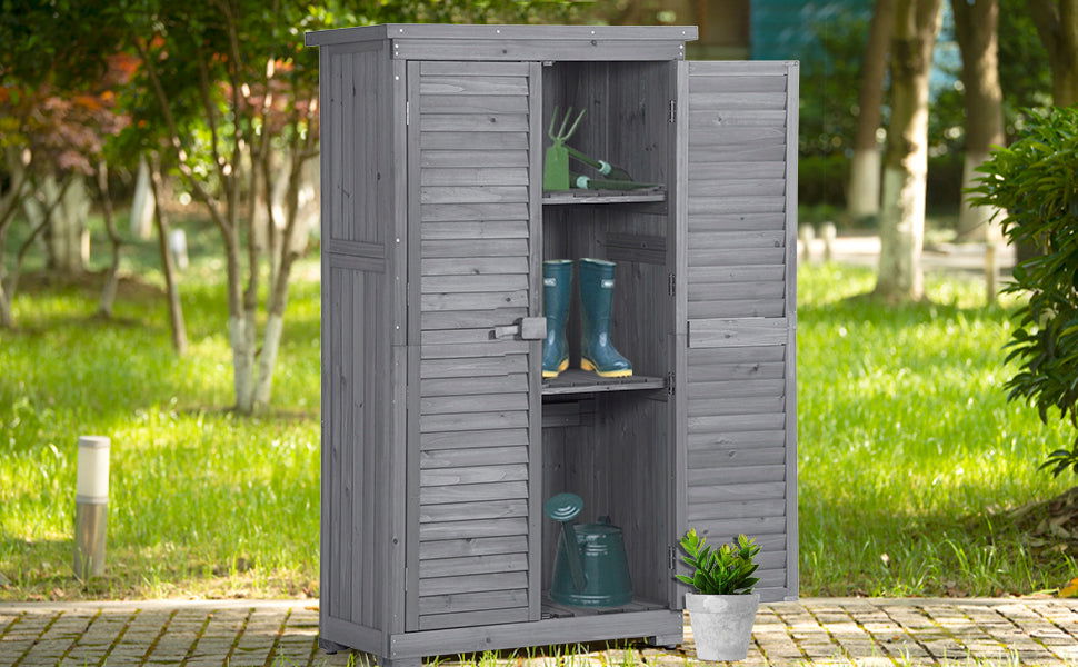 TOPMAX Wooden Garden Shed 3-tier Patio Storage Cabinet Outdoor Organizer Wooden Lockers with Fir Wood (Gray Wood Color -Shutter Design) himalipasal