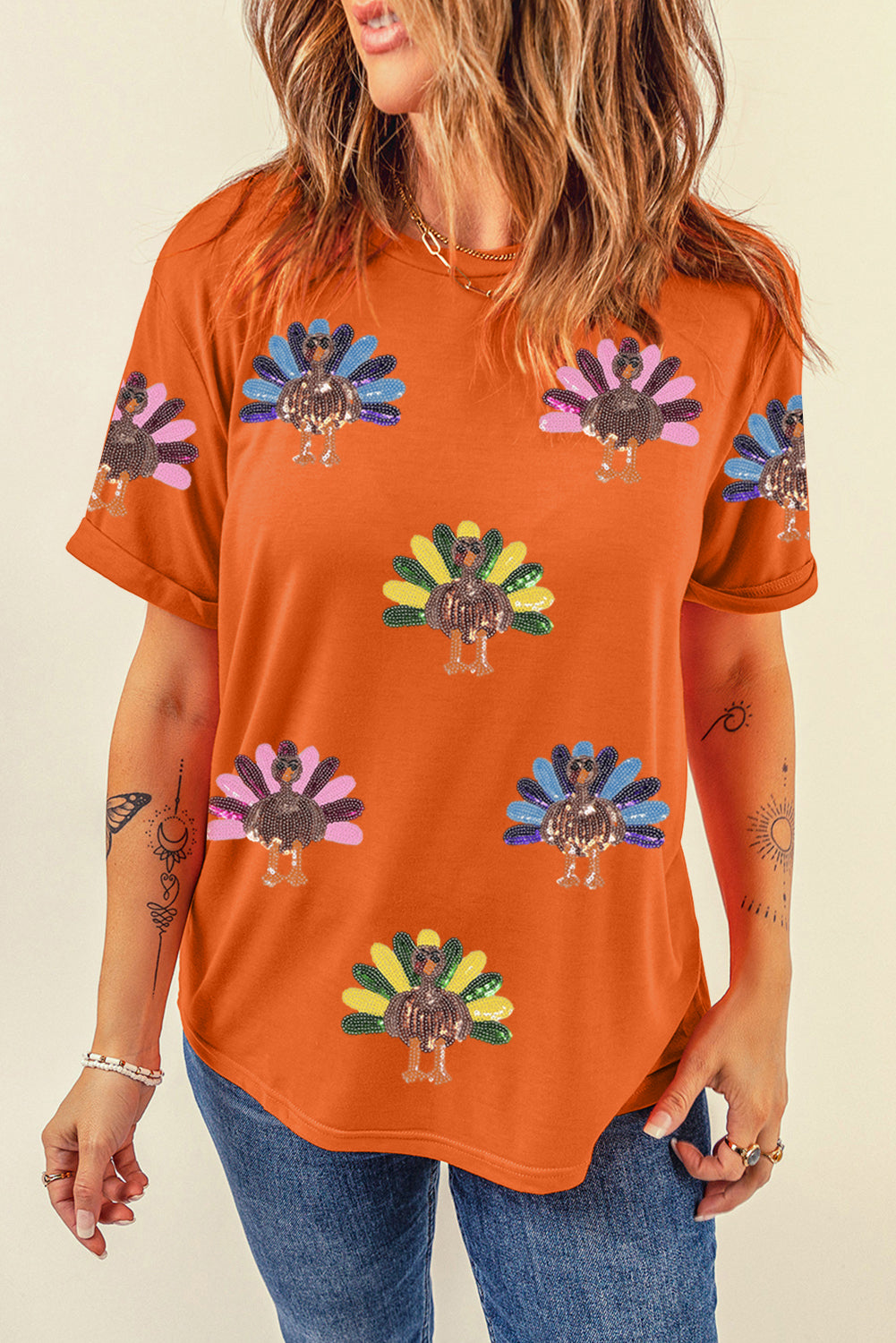 Orange Colorful Sequin Turkey Thanksgiving Graphic Tee