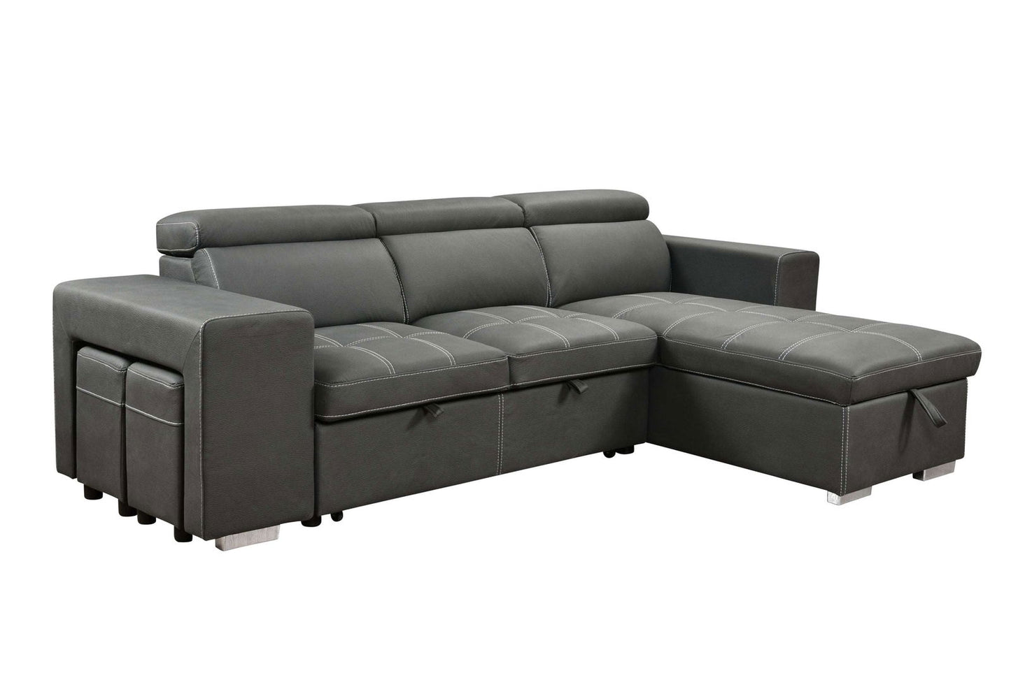 105 inch Reversible Sectional Sofa with Storage Chaise and 2 Stools, with Adjustable Headrest, Sleeper Contemporary Corner Sectional with Pull-Out Sleeper and Chaise , Charcoal Grey himalipasal