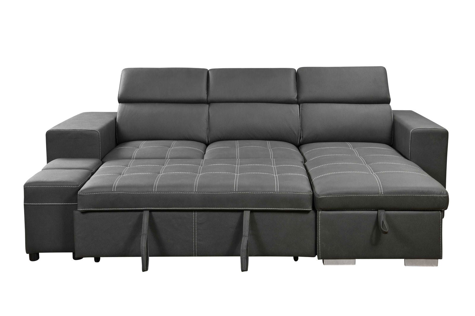 105 inch Reversible Sectional Sofa with Storage Chaise and 2 Stools, with Adjustable Headrest, Sleeper Contemporary Corner Sectional with Pull-Out Sleeper and Chaise , Charcoal Grey himalipasal