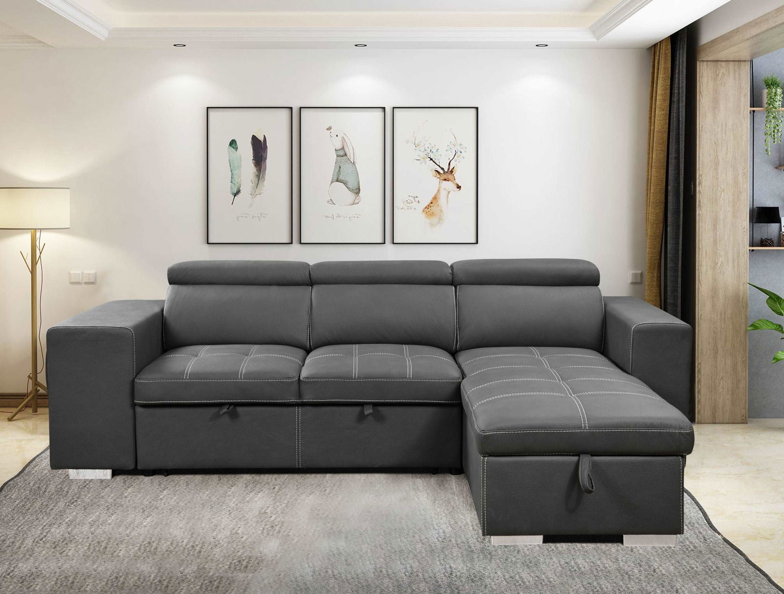 105 inch Reversible Sectional Sofa with Storage Chaise and 2 Stools, with Adjustable Headrest, Sleeper Contemporary Corner Sectional with Pull-Out Sleeper and Chaise , Charcoal Grey himalipasal