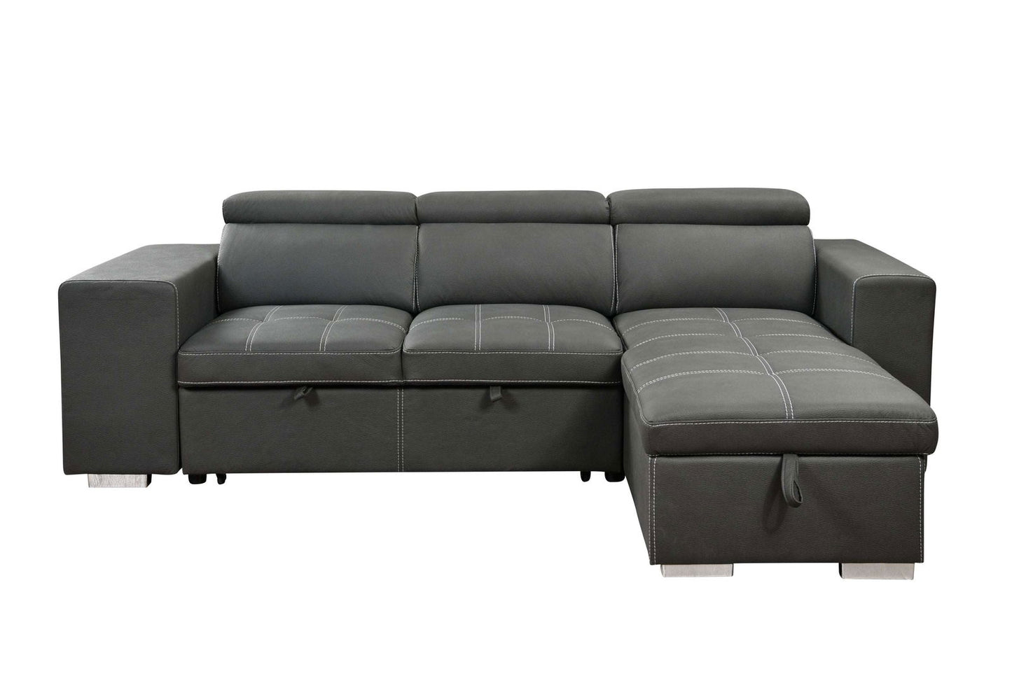 105 inch Reversible Sectional Sofa with Storage Chaise and 2 Stools, with Adjustable Headrest, Sleeper Contemporary Corner Sectional with Pull-Out Sleeper and Chaise , Charcoal Grey himalipasal