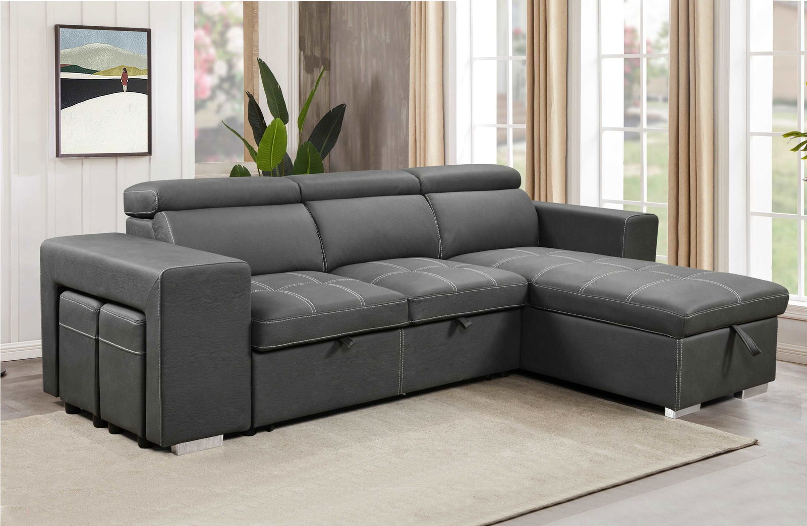 105 inch Reversible Sectional Sofa with Storage Chaise and 2 Stools, with Adjustable Headrest, Sleeper Contemporary Corner Sectional with Pull-Out Sleeper and Chaise , Charcoal Grey himalipasal