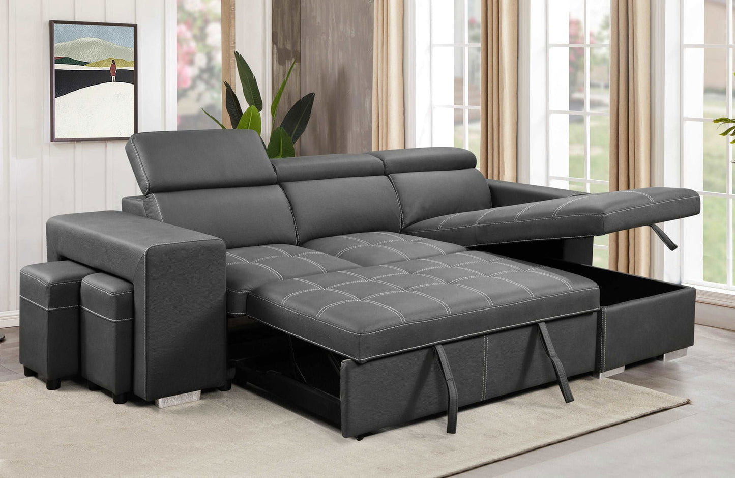 105 inch Reversible Sectional Sofa with Storage Chaise and 2 Stools, with Adjustable Headrest, Sleeper Contemporary Corner Sectional with Pull-Out Sleeper and Chaise , Charcoal Grey himalipasal