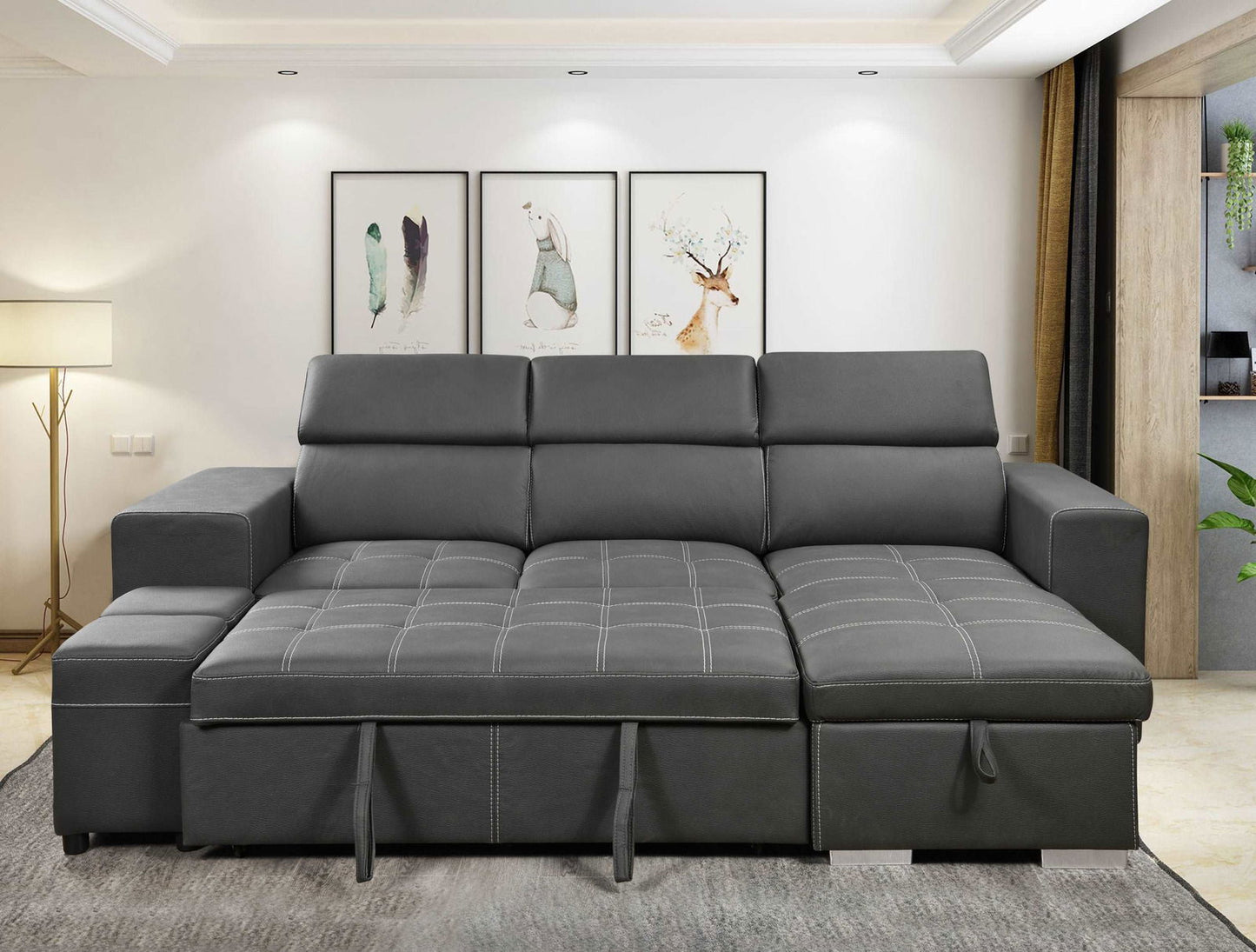 105 inch Reversible Sectional Sofa with Storage Chaise and 2 Stools, with Adjustable Headrest, Sleeper Contemporary Corner Sectional with Pull-Out Sleeper and Chaise , Charcoal Grey himalipasal