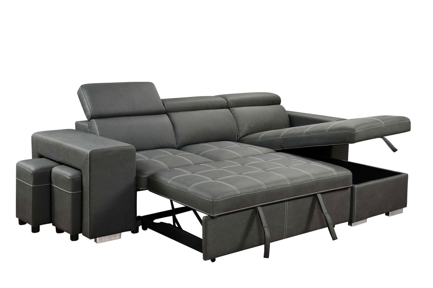 105 inch Reversible Sectional Sofa with Storage Chaise and 2 Stools, with Adjustable Headrest, Sleeper Contemporary Corner Sectional with Pull-Out Sleeper and Chaise , Charcoal Grey himalipasal