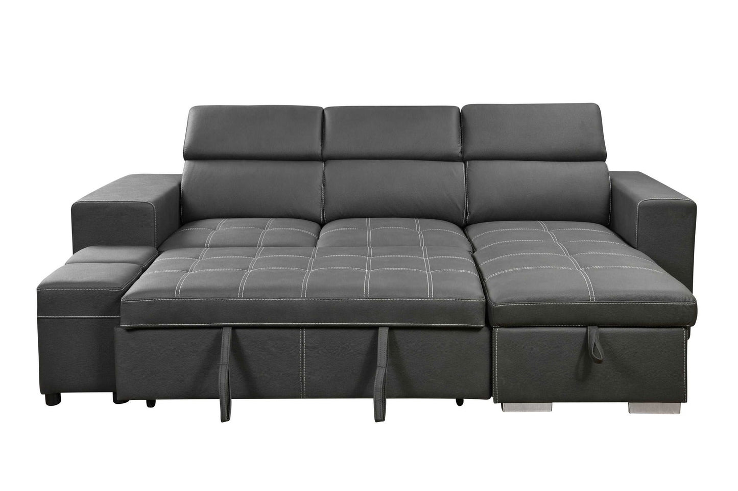 105 inch Reversible Sectional Sofa with Storage Chaise and 2 Stools, with Adjustable Headrest, Sleeper Contemporary Corner Sectional with Pull-Out Sleeper and Chaise , Charcoal Grey himalipasal