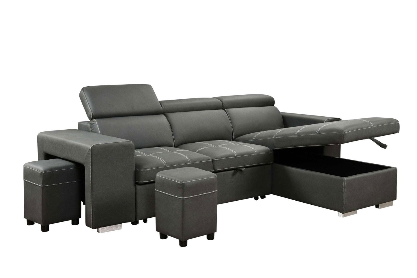 105 inch Reversible Sectional Sofa with Storage Chaise and 2 Stools, with Adjustable Headrest, Sleeper Contemporary Corner Sectional with Pull-Out Sleeper and Chaise , Charcoal Grey himalipasal