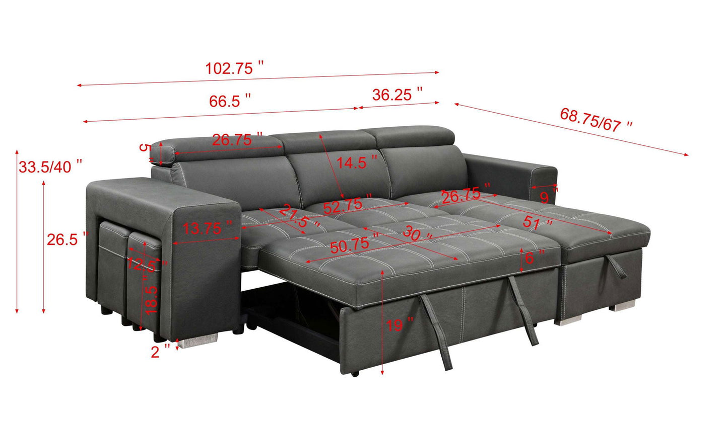 105 inch Reversible Sectional Sofa with Storage Chaise and 2 Stools, with Adjustable Headrest, Sleeper Contemporary Corner Sectional with Pull-Out Sleeper and Chaise , Charcoal Grey himalipasal