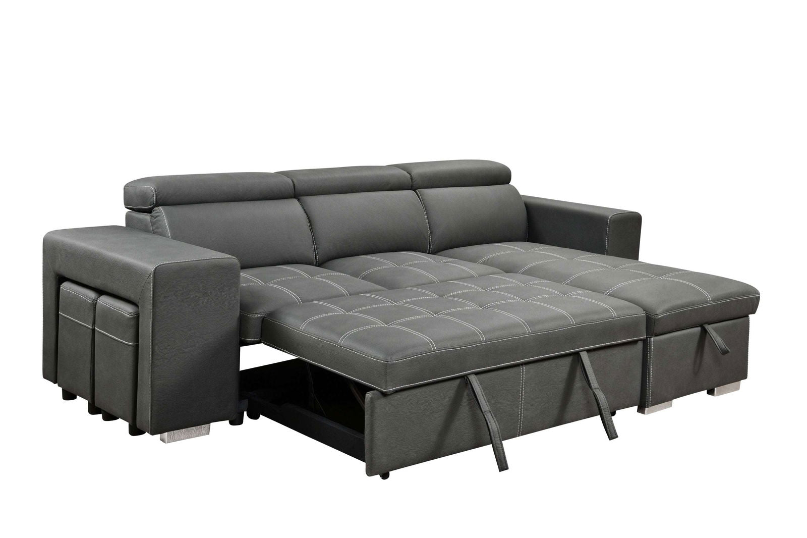 105 inch Reversible Sectional Sofa with Storage Chaise and 2 Stools, with Adjustable Headrest, Sleeper Contemporary Corner Sectional with Pull-Out Sleeper and Chaise , Charcoal Grey himalipasal