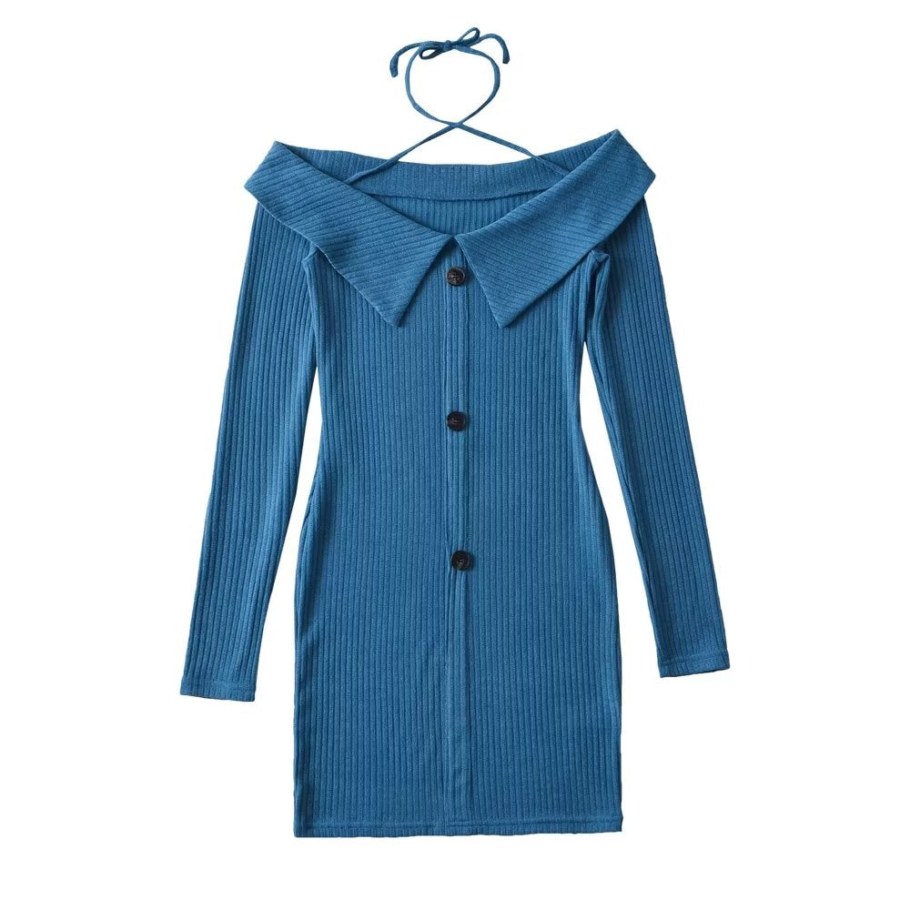 Spring Knitted Three Button Flanging Off Neck Halter Off Shoulder One Step Dress Short Dress