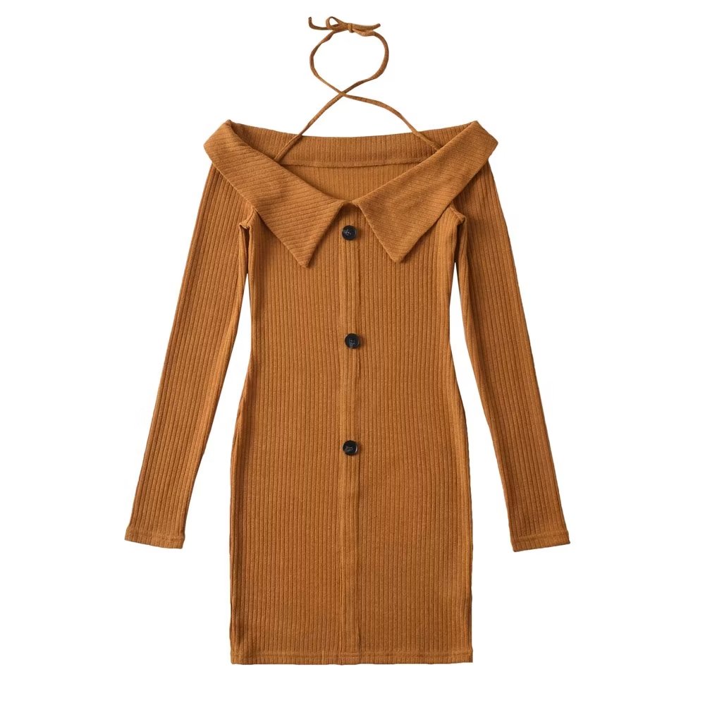 Spring Knitted Three Button Flanging Off Neck Halter Off Shoulder One Step Dress Short Dress