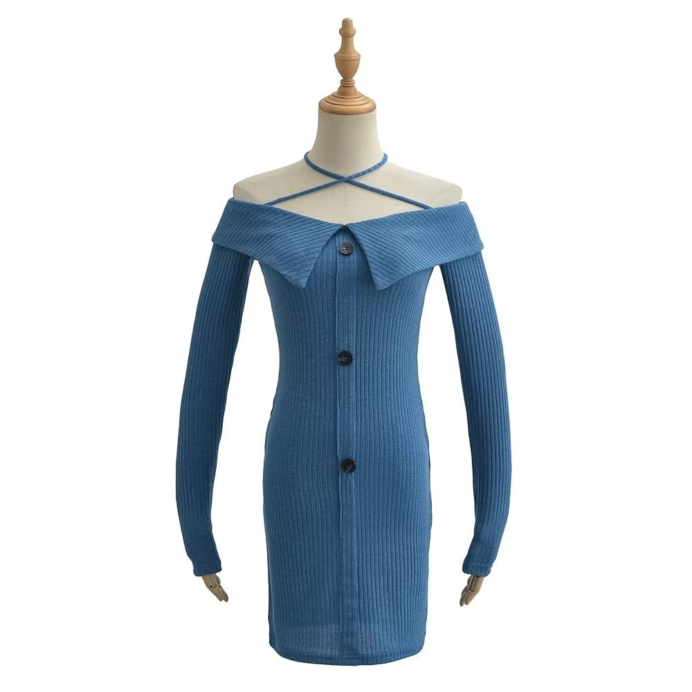 Spring Knitted Three Button Flanging Off Neck Halter Off Shoulder One Step Dress Short Dress