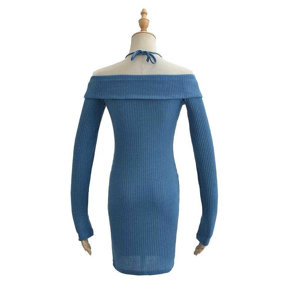 Spring Knitted Three Button Flanging Off Neck Halter Off Shoulder One Step Dress Short Dress
