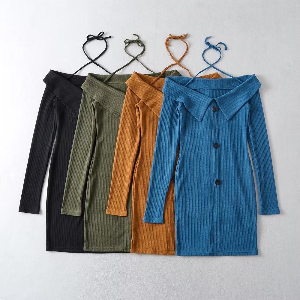Spring Knitted Three Button Flanging Off Neck Halter Off Shoulder One Step Dress Short Dress