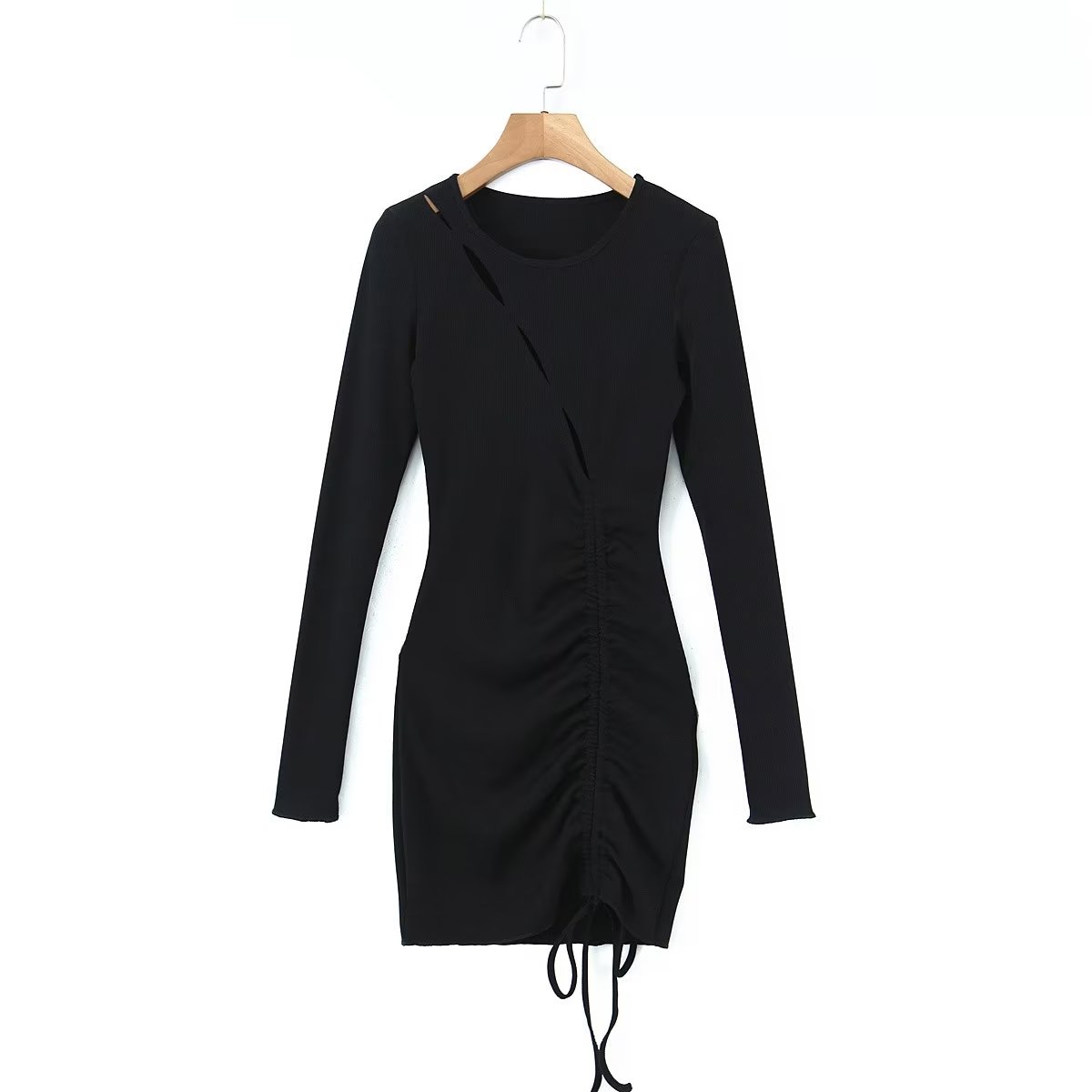 Women Clothing Spring Sexy Hollow Out Drawstring Lace Knitted Dress Hip Dress