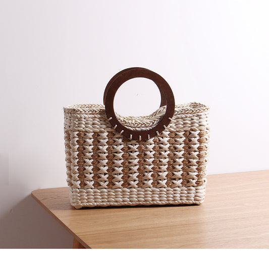 Vintage Stripe Straw Bag Corn Fur Bag Woven Bag Beach Bag Mori Large Capacity Vacation Rattan Weave Bag