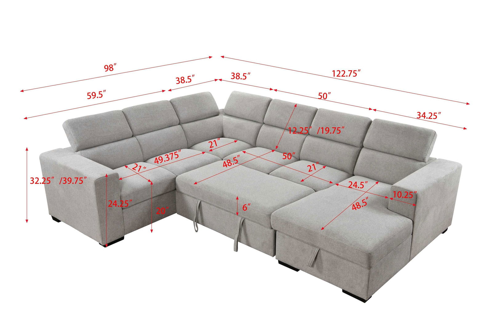 123" Modern U Shaped 7-seat Sectional Sofa Couch with Adjustable Headrest, Sofa Bed with Storage Chaise-Pull Out Couch Bed for Living Room ,Light Gray himalipasal