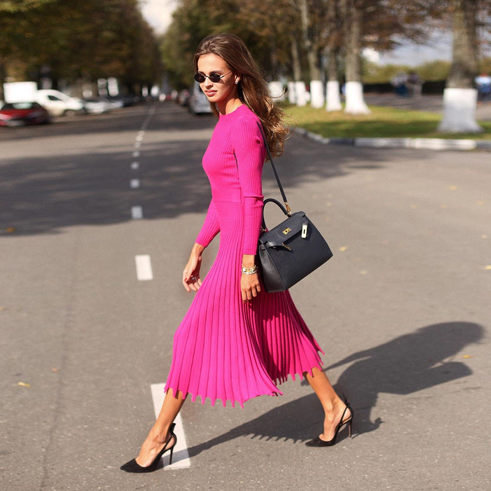 Autumn Winter Women Wear Mid-length Sweater Knitted Solid Color Pleated Dress
