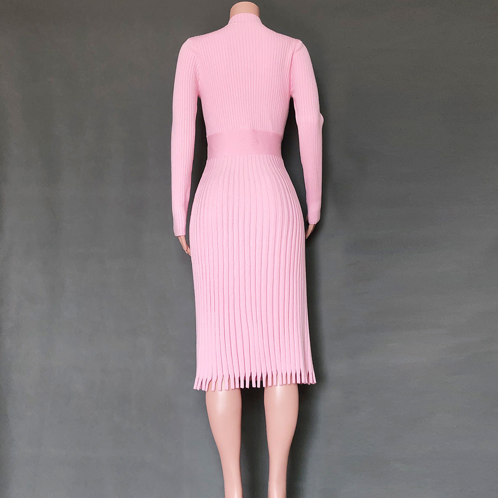 Autumn Winter Women Wear Mid-length Sweater Knitted Solid Color Pleated Dress