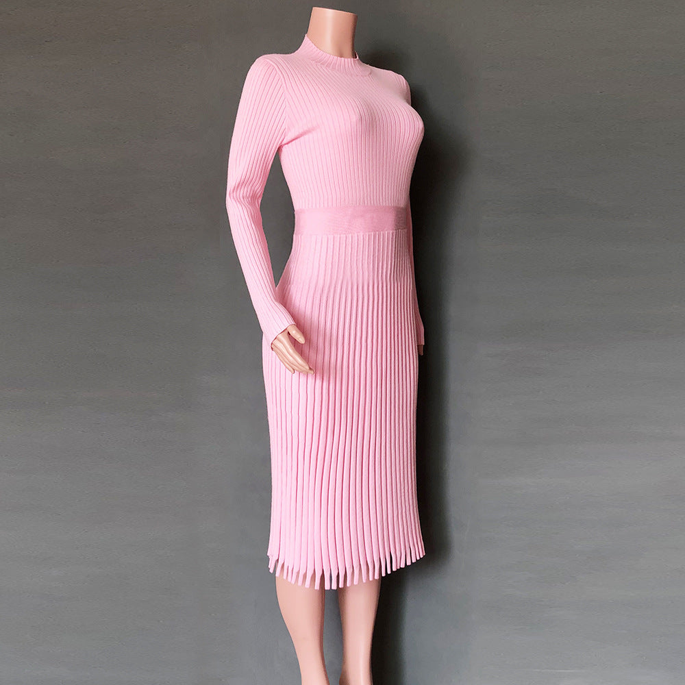 Autumn Winter Women Wear Mid-length Sweater Knitted Solid Color Pleated Dress