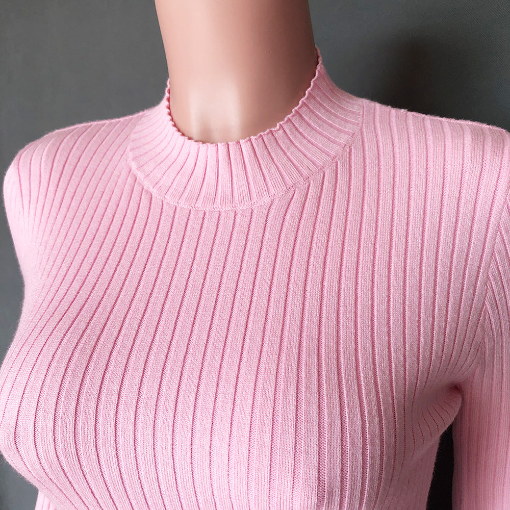 Autumn Winter Women Wear Mid-length Sweater Knitted Solid Color Pleated Dress