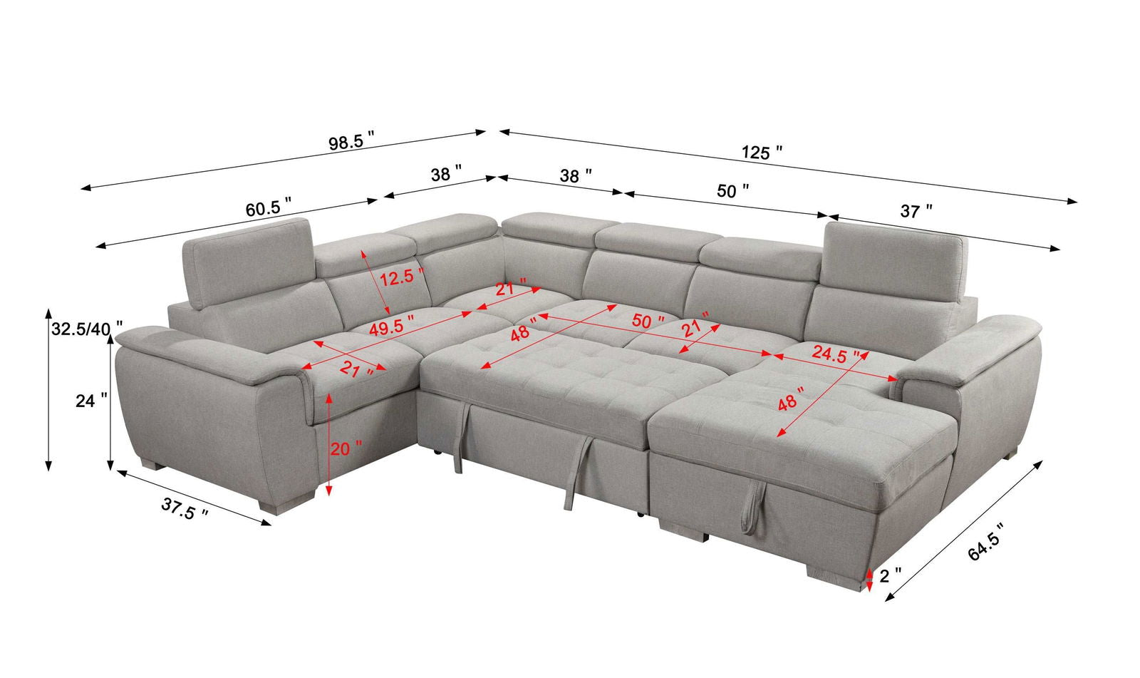 125" Modern U Shaped 7-seat Sectional Sofa Couch with Adjustable Headrest, Sofa Bed with Storage Chaise-Pull Out Couch Bed for Living Room ,Beige himalipasal