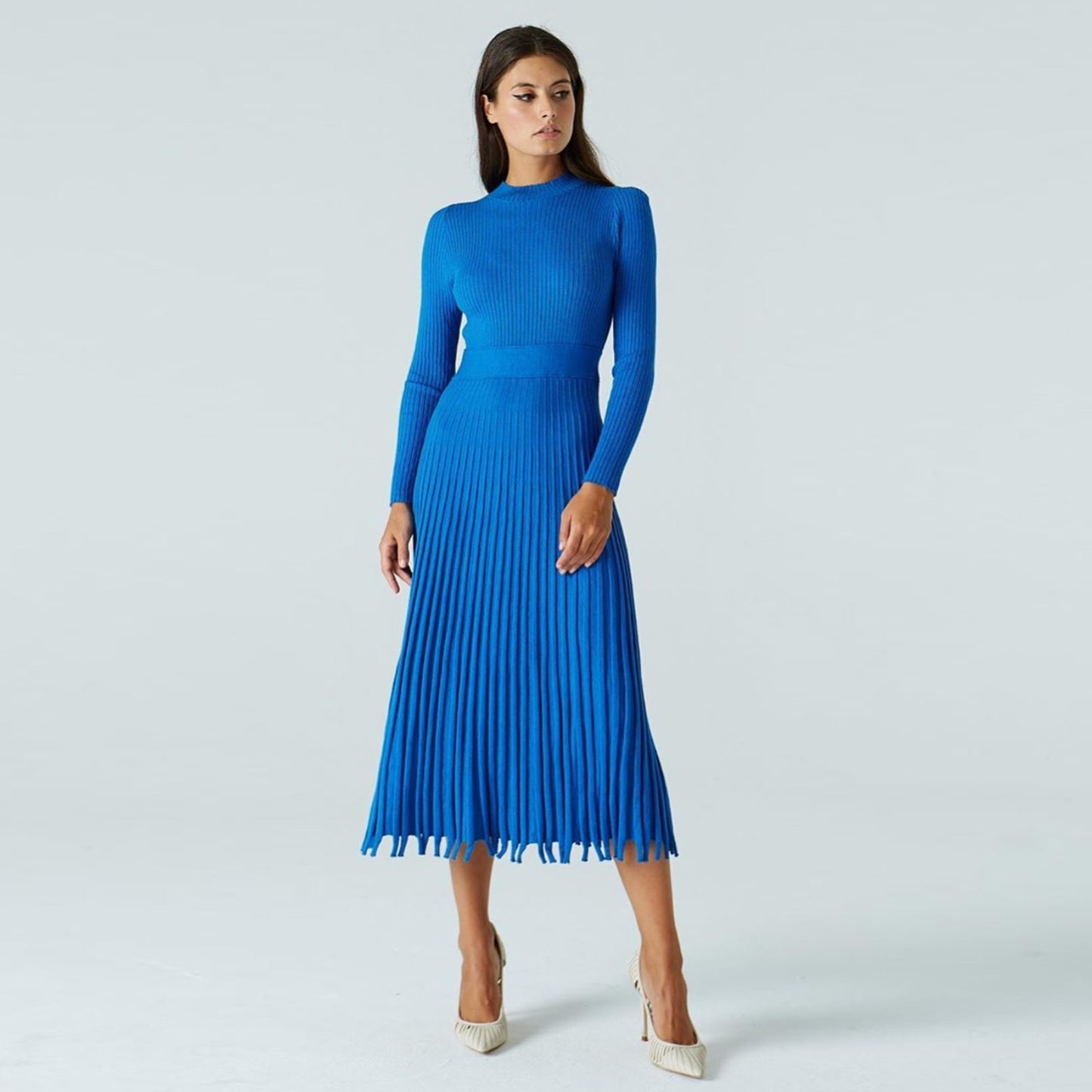 Autumn Winter Women Wear Mid-length Sweater Knitted Solid Color Pleated Dress