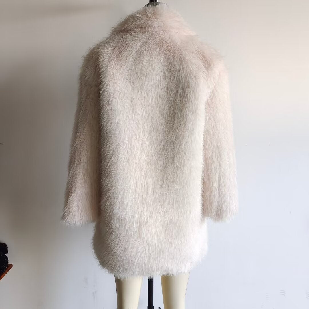 Women Clothing Spring Warm Collared Loose Artificial Fur Effect Overcoat Jacket