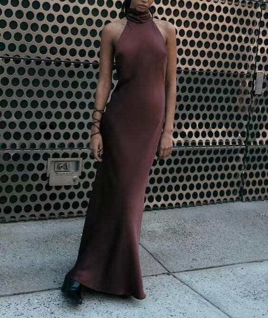 Autumn Hanging Collar Silk Texture Maxi Dress Women Clothing